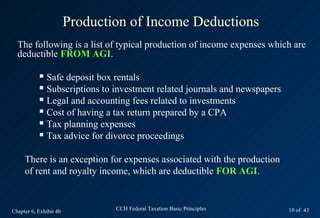 Production of Income Deductions
  The following is a list of typical production of income expenses which are
  deductible FROM AGI.

            Safe deposit box rentals
            Subscriptions to investment related journals and newspapers

            Legal and accounting fees related to investments

            Cost of having a tax return prepared by a CPA

            Tax planning expenses

            Tax advice for divorce proceedings



     There is an exception for expenses associated with the production
     of rent and royalty income, which are deductible FOR AGI.



Chapter 6, Exhibit 4b           CCH Federal Taxation Basic Principles      10 of 43
 