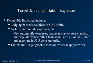 Travel & Transportation Expenses

    Deductible Expenses include:
      Lodging & meals (subject to 50% limit).

      Airfare, automobile expenses, etc.

         For automobile expenses, taxpayer may choose standard
          mileage allowance rather than actual costs. For 2012, the
          mileage rate is 55.5 cents per mile.
      Tax “home” is geographic location where taxpayer works.




Chapter 6, Exhibit 11b       CCH Federal Taxation Basic Principles   17 of 43
 