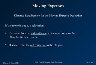 Moving Expenses

               Distance Requirement for the Moving Expense Deduction


  If the move is due to a relocation:

   Distance from the old residence to the new job must be
    50 miles further than the

   Distance from the old residence to the old job.




Chapter 6, Exhibit 12c         CCH Federal Taxation Basic Principles   20 of 43
 