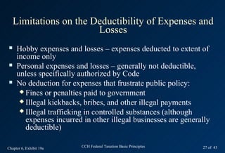 Limitations on the Deductibility of Expenses and
                        Losses
    Hobby expenses and losses – expenses deducted to extent of
     income only
    Personal expenses and losses – generally not deductible,
     unless specifically authorized by Code
    No deduction for expenses that frustrate public policy:
       Fines or penalties paid to government
       Illegal kickbacks, bribes, and other illegal payments
       Illegal trafficking in controlled substances (although
        expenses incurred in other illegal businesses are generally
        deductible)

Chapter 6, Exhibit 19a   CCH Federal Taxation Basic Principles   27 of 43
 