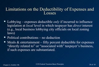Limitations on the Deductibility of Expenses and
                        Losses
    Lobbying – expenses deductible only if incurred to influence
     legislation at local level in which taxpayer has direct interest
     (e.g., local business lobbying city officials on local zoning
     laws)
    Political contributions – no deduction
    Meals & entertainment – fifty percent deductible for expenses
     “directly related to” or “associated with” taxpayer’s business,
     if such expenses are substantiated.



Chapter 6, Exhibit 19b    CCH Federal Taxation Basic Principles   28 of 43
 