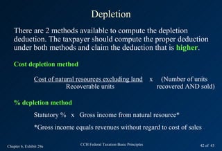 Depletion
   There are 2 methods available to compute the depletion
   deduction. The taxpayer should compute the proper deduction
   under both methods and claim the deduction that is higher.

   Cost depletion method

                Cost of natural resources excluding land                 x     (Number of units
                            Recoverable units                                recovered AND sold)

   % depletion method
                Statutory % x Gross income from natural resource*
                *Gross income equals revenues without regard to cost of sales

Chapter 6, Exhibit 29a           CCH Federal Taxation Basic Principles                     42 of 43
 