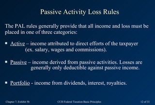 Passive Activity Loss Rules
The PAL rules generally provide that all income and loss must be
placed in one of three catego...
