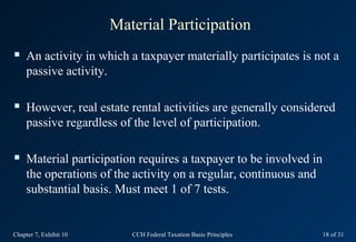 Material Participation
    An activity in which a taxpayer materially participates is not a
     passive activity.

    ...