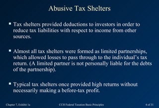 Abusive Tax Shelters
     Tax shelters provided deductions to investors in order to
      reduce tax liabilities with res...