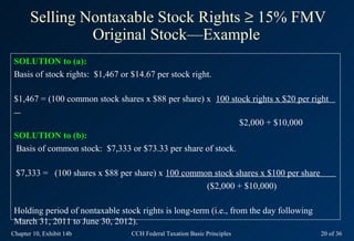 Selling Nontaxable Stock Rights ≥ 15% FMV
                Original Stock—Example
 SOLUTION to (a):
 Basis of stock rights: $1,467 or $14.67 per stock right.

 $1,467 = (100 common stock shares x $88 per share) x 100 stock rights x $20 per right

                                                                          $2,000 + $10,000
 SOLUTION to (b):
 Basis of common stock: $7,333 or $73.33 per share of stock.

 $7,333 = (100 shares x $88 per share) x 100 common stock shares x $100 per share
                                                  ($2,000 + $10,000)

 Holding period of nontaxable stock rights is long-term (i.e., from the day following
 March 31, 2011 to June 30, 2012).
Chapter 10, Exhibit 14b           CCH Federal Taxation Basic Principles                      20 of 36
 