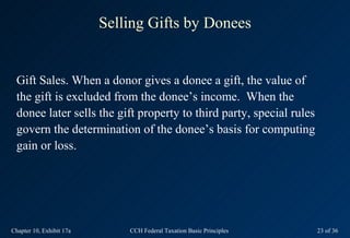 Selling Gifts by Donees


 Gift Sales. When a donor gives a donee a gift, the value of
 the gift is excluded from the donee’s income. When the
 donee later sells the gift property to third party, special rules
 govern the determination of the donee’s basis for computing
 gain or loss.




Chapter 10, Exhibit 17a       CCH Federal Taxation Basic Principles   23 of 36
 