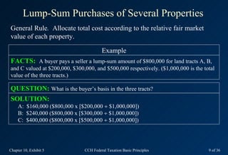 Lump-Sum Purchases of Several Properties
General Rule. Allocate total cost according to the relative fair market
value of each property.

                                        Example
FACTS: A buyer pays a seller a lump-sum amount of $800,000 for land tracts A, B,
and C valued at $200,000, $300,000, and $500,000 respectively. ($1,000,000 is the total
value of the three tracts.)

QUESTION: What is the buyer’s basis in the three tracts?
SOLUTION:
     A: $160,000 ($800,000 x [$200,000 ÷ $1,000,000])
     B: $240,000 ($800,000 x [$300,000 ÷ $1,000,000])
     C: $400,000 ($800,000 x [$500,000 ÷ $1,000,000])




Chapter 10, Exhibit 5          CCH Federal Taxation Basic Principles                9 of 36
 