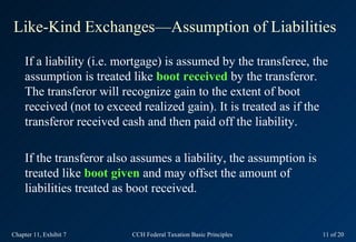 Like-Kind Exchanges—Assumption of Liabilities

     If a liability (i.e. mortgage) is assumed by the transferee, the
     assumption is treated like boot received by the transferor.
     The transferor will recognize gain to the extent of boot
     received (not to exceed realized gain). It is treated as if the
     transferor received cash and then paid off the liability.

     If the transferor also assumes a liability, the assumption is
     treated like boot given and may offset the amount of
     liabilities treated as boot received.


Chapter 11, Exhibit 7      CCH Federal Taxation Basic Principles     11 of 20
 