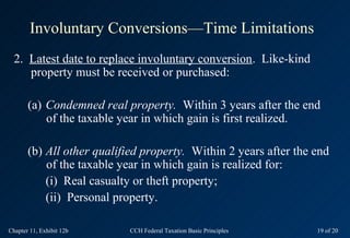 Involuntary Conversions—Time Limitations
  2. Latest date to replace involuntary conversion. Like-kind
     property must be received or purchased:

       (a) Condemned real property. Within 3 years after the end
           of the taxable year in which gain is first realized.

       (b) All other qualified property. Within 2 years after the end
           of the taxable year in which gain is realized for:
           (i) Real casualty or theft property;
           (ii) Personal property.

Chapter 11, Exhibit 12b     CCH Federal Taxation Basic Principles   19 of 20
 