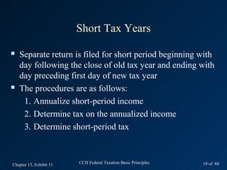 Short Tax Years

   Separate return is filed for short period beginning with
    day following the close of old tax year and ending with
    day preceding first day of new tax year
   The procedures are as follows:
     1. Annualize short-period income
     2. Determine tax on the annualized income
     3. Determine short-period tax



Chapter 13, Exhibit 11   CCH Federal Taxation Basic Principles   19 of 88
 
