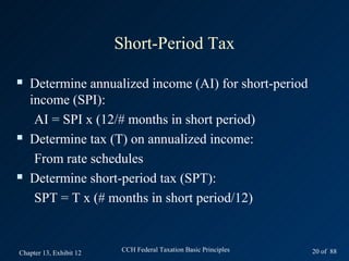 Short-Period Tax

   Determine annualized income (AI) for short-period
    income (SPI):
     AI = SPI x (12/# months in short period)
   Determine tax (T) on annualized income:
     From rate schedules
   Determine short-period tax (SPT):
     SPT = T x (# months in short period/12)


Chapter 13, Exhibit 12    CCH Federal Taxation Basic Principles   20 of 88
 
