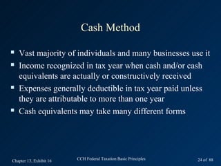 Cash Method

   Vast majority of individuals and many businesses use it
   Income recognized in tax year when cash and/or cash
    equivalents are actually or constructively received
   Expenses generally deductible in tax year paid unless
    they are attributable to more than one year
   Cash equivalents may take many different forms




Chapter 13, Exhibit 16   CCH Federal Taxation Basic Principles   24 of 88
 