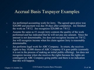 Accrual Basis Taxpayer Examples

  1.      Joe performed accounting work for Jerry. The agreed upon price was
          $20,000 and payment was due 30 days after completion. Joe finished
          the work on 7/8/12. Joe recognizes $20,000 on 7/8/12.
  2.      Assume the same as #1 except Jerry contests the quality of the work
          performed and has indicated that he will not pay any amount. Since the
          amount is not determinable, Joe does not recognize income on 7/8/12.
          Joe will recognize income when his claim against Jerry is reasonably
          determinable.
  3.      Jen performs legal work for ABC Company. In return, she receives
          rights to buy 10,000 shares of ABC Company if it goes public (currently
          it is not in the process of making an initial public offering). Jen does not
          recognize income when she receives the rights because the rights are
          contingent on ABC Company going public and there is no indication
          that this will happen.

Chapter 13, Exhibit 22a       CCH Federal Taxation Basic Principles              31 of 88
 