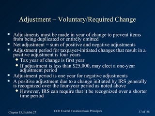 Adjustment – Voluntary/Required Change
   Adjustments must be made in year of change to prevent items
    from being duplicated or entirely omitted
   Net adjustment = sum of positive and negative adjustments
   Adjustment period for taxpayer-initiated changes that result in a
    positive adjustment is four years
      Tax year of change is first year
      If adjustment is less than $25,000, may elect a one-year
        adjustment period
   Adjustment period is one year for negative adjustments
   A positive adjustment due to a change initiated by IRS generally
    is recognized over the four-year period as noted above
      However, IRS can require that it be recognized over a shorter
        time period


Chapter 13, Exhibit 27   CCH Federal Taxation Basic Principles   37 of 88
 
