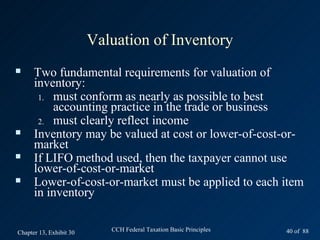 Valuation of Inventory
     Two fundamental requirements for valuation of
      inventory:
       1. must conform as nearly as possible to best
          accounting practice in the trade or business
       2. must clearly reflect income
     Inventory may be valued at cost or lower-of-cost-or-
      market
     If LIFO method used, then the taxpayer cannot use
      lower-of-cost-or-market
     Lower-of-cost-or-market must be applied to each item
      in inventory


Chapter 13, Exhibit 30      CCH Federal Taxation Basic Principles   40 of 88
 