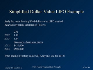 Simplified Dollar-Value LIFO Example
Andy Inc. uses the simplified dollar-value LIFO method.
Relevant inventory information follows:

           CPI
2012:      1.10
2013:      1.14
           Inventory – base year prices
2012:      $420,000
2013:      $500,000

What ending inventory value will Andy Inc. use for 2013?



Chapter 13, Exhibit 51a     CCH Federal Taxation Basic Principles   62 of 88
 