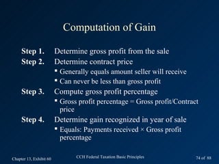 Computation of Gain

     Step 1.             Determine gross profit from the sale
     Step 2.             Determine contract price
                          Generally equals amount seller will receive
                          Can never be less than gross profit
     Step 3.             Compute gross profit percentage
                          Gross profit percentage = Gross profit/Contract
                           price
     Step 4.             Determine gain recognized in year of sale
                          Equals: Payments received × Gross profit
                           percentage

Chapter 13, Exhibit 60          CCH Federal Taxation Basic Principles    74 of 88
 