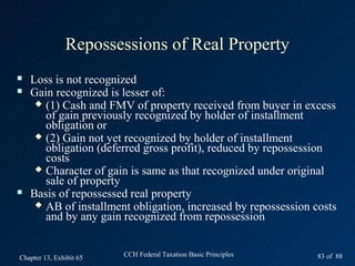 Repossessions of Real Property
   Loss is not recognized
   Gain recognized is lesser of:
      (1) Cash and FMV of property received from buyer in excess
       of gain previously recognized by holder of installment
       obligation or
      (2) Gain not yet recognized by holder of installment
       obligation (deferred gross profit), reduced by repossession
       costs
      Character of gain is same as that recognized under original
       sale of property
   Basis of repossessed real property
      AB of installment obligation, increased by repossession costs
       and by any gain recognized from repossession


Chapter 13, Exhibit 65   CCH Federal Taxation Basic Principles   83 of 88
 