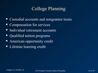 College Planning
   Custodial accounts and nongrantor trusts
   Compensation for services
   Individual retirement acco...