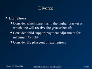 Divorce
   Exemptions
      Consider which parent is in the higher bracket or

       which one will receive the greater...