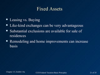 Fixed Assets
   Leasing vs. Buying
   Like-kind exchanges can be very advantageous
   Substantial exclusions are availa...