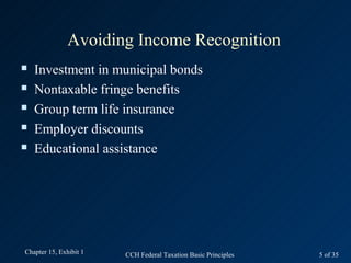 Avoiding Income Recognition
   Investment in municipal bonds
   Nontaxable fringe benefits
   Group term life insurance...