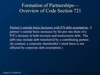 Formation of Partnerships—
                    Overview of Code Section 721


        Partner’s outside basis increases with P/S debt assumption. A
        partner’s outside basis increases by his pro rata share of a
        P/S’s increase in both recourse and nonrecourse debt. The
        debt may include debt transferred by a contributing partner.
        (In contrast, a corporate shareholder’s stock basis is not
        affected by corporate debt assumption.)




Chapter 16, Exhibit 8e   CCH Federal Taxation Basic Principles20 of 69
 