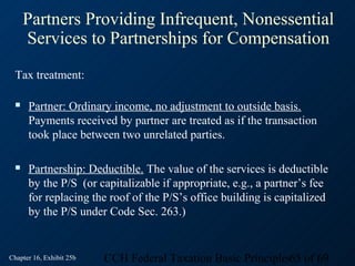 Partners Providing Infrequent, Nonessential
      Services to Partnerships for Compensation
  Tax treatment:

     Partner: Ordinary income, no adjustment to outside basis.
      Payments received by partner are treated as if the transaction
      took place between two unrelated parties.

     Partnership: Deductible. The value of the services is deductible
      by the P/S (or capitalizable if appropriate, e.g., a partner’s fee
      for replacing the roof of the P/S’s office building is capitalized
      by the P/S under Code Sec. 263.)


Chapter 16, Exhibit 25b   CCH Federal Taxation Basic Principles65 of 69
 