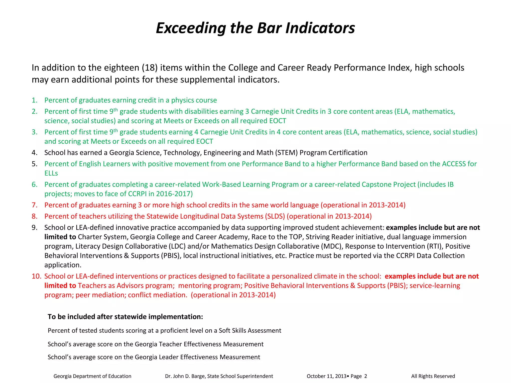 Exceeding the Bar Indicators
In addition to the eighteen (18) items within the College and Career Ready Performance Index, high schools
may earn additional points for these supplemental indicators.
1. Percent of graduates earning credit in a physics course
2. Percent of first time 9th grade students with disabilities earning 3 Carnegie Unit Credits in 3 core content areas (ELA, mathematics,
science, social studies) and scoring at Meets or Exceeds on all required EOCT
3. Percent of first time 9th grade students earning 4 Carnegie Unit Credits in 4 core content areas (ELA, mathematics, science, social studies)
and scoring at Meets or Exceeds on all required EOCT
4. School has earned a Georgia Science, Technology, Engineering and Math (STEM) Program Certification
5. Percent of English Learners with positive movement from one Performance Band to a higher Performance Band based on the ACCESS for
ELLs
6. Percent of graduates completing a career-related Work-Based Learning Program or a career-related Capstone Project (includes IB
projects; moves to face of CCRPI in 2016-2017)
7. Percent of graduates earning 3 or more high school credits in the same world language (operational in 2013-2014)
8. Percent of teachers utilizing the Statewide Longitudinal Data Systems (SLDS) (operational in 2013-2014)
9. School or LEA-defined innovative practice accompanied by data supporting improved student achievement: examples include but are not
limited to Charter System, Georgia College and Career Academy, Race to the TOP, Striving Reader initiative, dual language immersion
program, Literacy Design Collaborative (LDC) and/or Mathematics Design Collaborative (MDC), Response to Intervention (RTI), Positive
Behavioral Interventions & Supports (PBIS), local instructional initiatives, etc. Practice must be reported via the CCRPI Data Collection
application.
10. School or LEA-defined interventions or practices designed to facilitate a personalized climate in the school: examples include but are not
limited to Teachers as Advisors program; mentoring program; Positive Behavioral Interventions & Supports (PBIS); service-learning
program; peer mediation; conflict mediation. (operational in 2013-2014)
To be included after statewide implementation:
Percent of tested students scoring at a proficient level on a Soft Skills Assessment
School’s average score on the Georgia Teacher Effectiveness Measurement
School’s average score on the Georgia Leader Effectiveness Measurement
Georgia Department of Education

Dr. John D. Barge, State School Superintendent

All Rights Reserved

 