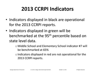 2013 CCRPI Indicators
• Indicators displayed in black are operational
for the 2013 CCRPI reports.
• Indicators displayed in green will be
benchmarked at the 95th percentile based on
state level data.
o Middle School and Elementary School indicator #7 will
be benchmarked at 65%
o Indicators displayed in red are not operational for the
2013 CCRPI reports.

Georgia Department of Education

Dr. John D. Barge, State School Superintendent

October 11, 2013

All Rights Reserved

 
