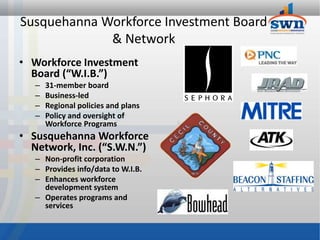 Susquehanna Workforce Investment Board
             & Network
• Workforce Investment
  Board (“W.I.B.”)
   –   31-member board
   –   Business-led
   –   Regional policies and plans
   –   Policy and oversight of
       Workforce Programs
• Susquehanna Workforce
  Network, Inc. (“S.W.N.”)
   – Non-profit corporation
   – Provides info/data to W.I.B.
   – Enhances workforce
     development system
   – Operates programs and
     services
 