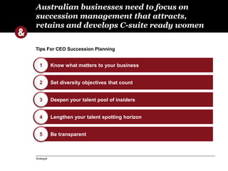 Australian businesses need to focus on 
succession management that attracts, 
retains and develops C-suite ready women 
Tips For CEO Succession Planning 
1 
Strategy& 
Know what matters to your business 
Set diversity objectives that count 
Deepen your talent pool of insiders 
Lengthen your talent spotting horizon 
2 
3 
4 
5 Be transparent 
