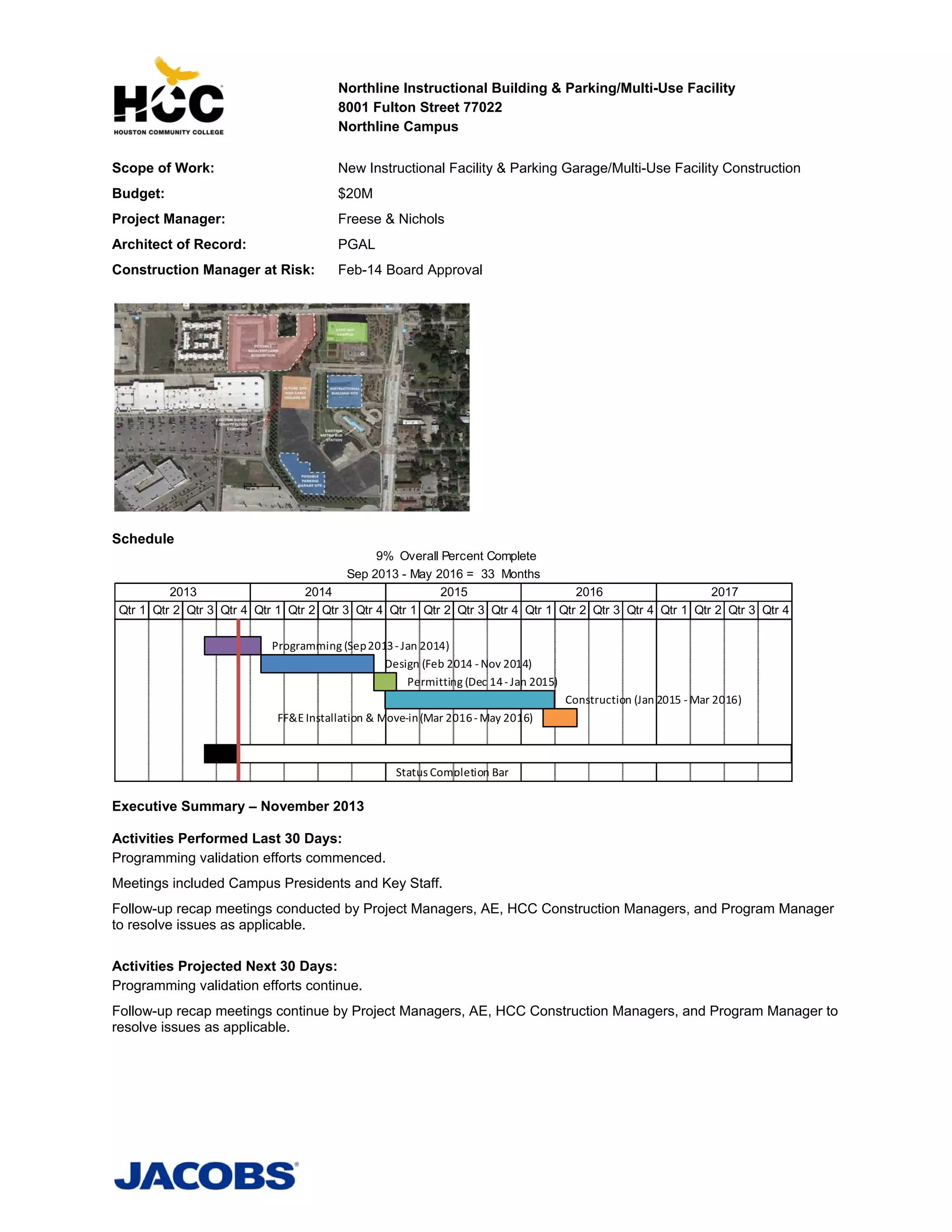 Northline Instructional Building & Parking/Multi-Use Facility
8001 Fulton Street 77022
Northline Campus
Scope of Work:

New Instructional Facility & Parking Garage/Multi-Use Facility Construction

Budget:

$20M

Project Manager:

Freese & Nichols

Architect of Record:

PGAL

Construction Manager at Risk:

Feb-14 Board Approval

Schedule
9% Overall Percent Complete
Sep 2013 - May 2016 = 33 Months
2013
2014
2015
2016
2017
Qtr 1 Qtr 2 Qtr 3 Qtr 4 Qtr 1 Qtr 2 Qtr 3 Qtr 4 Qtr 1 Qtr 2 Qtr 3 Qtr 4 Qtr 1 Qtr 2 Qtr 3 Qtr 4 Qtr 1 Qtr 2 Qtr 3 Qtr 4
Programming (Sep 2013 ‐ Jan 2014)
Design (Feb 2014 ‐ Nov 2014)
Permitting (Dec 14 ‐ Jan 2015)
Construction (Jan 2015 ‐ Mar 2016)
FF&E Installation & Move‐in (Mar 2016 ‐ May 2016)

Status Completion Bar 

Executive Summary – November 2013
Activities Performed Last 30 Days:
Programming validation efforts commenced.
Meetings included Campus Presidents and Key Staff.
Follow-up recap meetings conducted by Project Managers, AE, HCC Construction Managers, and Program Manager
to resolve issues as applicable.
Activities Projected Next 30 Days:
Programming validation efforts continue.
Follow-up recap meetings continue by Project Managers, AE, HCC Construction Managers, and Program Manager to
resolve issues as applicable.

 