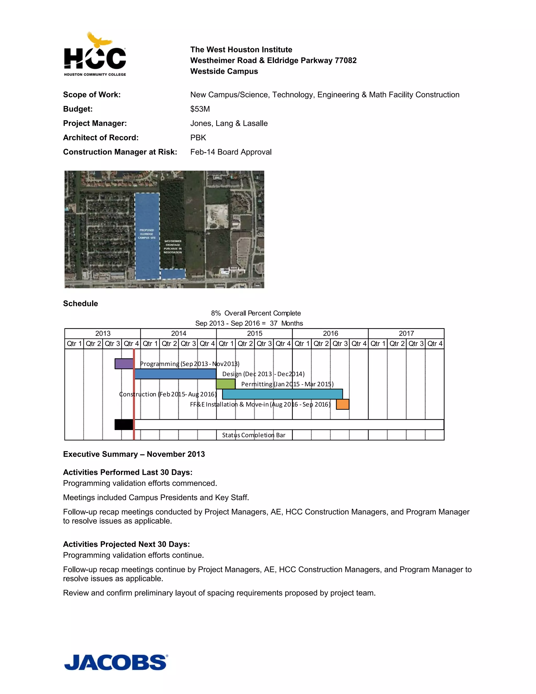 The West Houston Institute
Westheimer Road & Eldridge Parkway 77082
Westside Campus
Scope of Work:

New Campus/Science, Technology, Engineering & Math Facility Construction

Budget:

$53M

Project Manager:

Jones, Lang & Lasalle

Architect of Record:

PBK

Construction Manager at Risk:

Feb-14 Board Approval

Schedule
8% Overall Percent Complete
Sep 2013 - Sep 2016 = 37 Months
2013
2014
2015
2016
2017
Qtr 1 Qtr 2 Qtr 3 Qtr 4 Qtr 1 Qtr 2 Qtr 3 Qtr 4 Qtr 1 Qtr 2 Qtr 3 Qtr 4 Qtr 1 Qtr 2 Qtr 3 Qtr 4 Qtr 1 Qtr 2 Qtr 3 Qtr 4
Programming (Sep 2013 ‐ Nov2013)
Design (Dec 2013  ‐ Dec2014)
Permitting (Jan 2015 ‐ Mar 2015)
Construction (Feb 2015‐ Aug 2016)
FF&E Installation & Move‐in (Aug 2016 ‐ Sep 2016)

Status Completion Bar 

Executive Summary – November 2013
Activities Performed Last 30 Days:
Programming validation efforts commenced.
Meetings included Campus Presidents and Key Staff.
Follow-up recap meetings conducted by Project Managers, AE, HCC Construction Managers, and Program Manager
to resolve issues as applicable.
Activities Projected Next 30 Days:
Programming validation efforts continue.
Follow-up recap meetings continue by Project Managers, AE, HCC Construction Managers, and Program Manager to
resolve issues as applicable.
Review and confirm preliminary layout of spacing requirements proposed by project team.

 