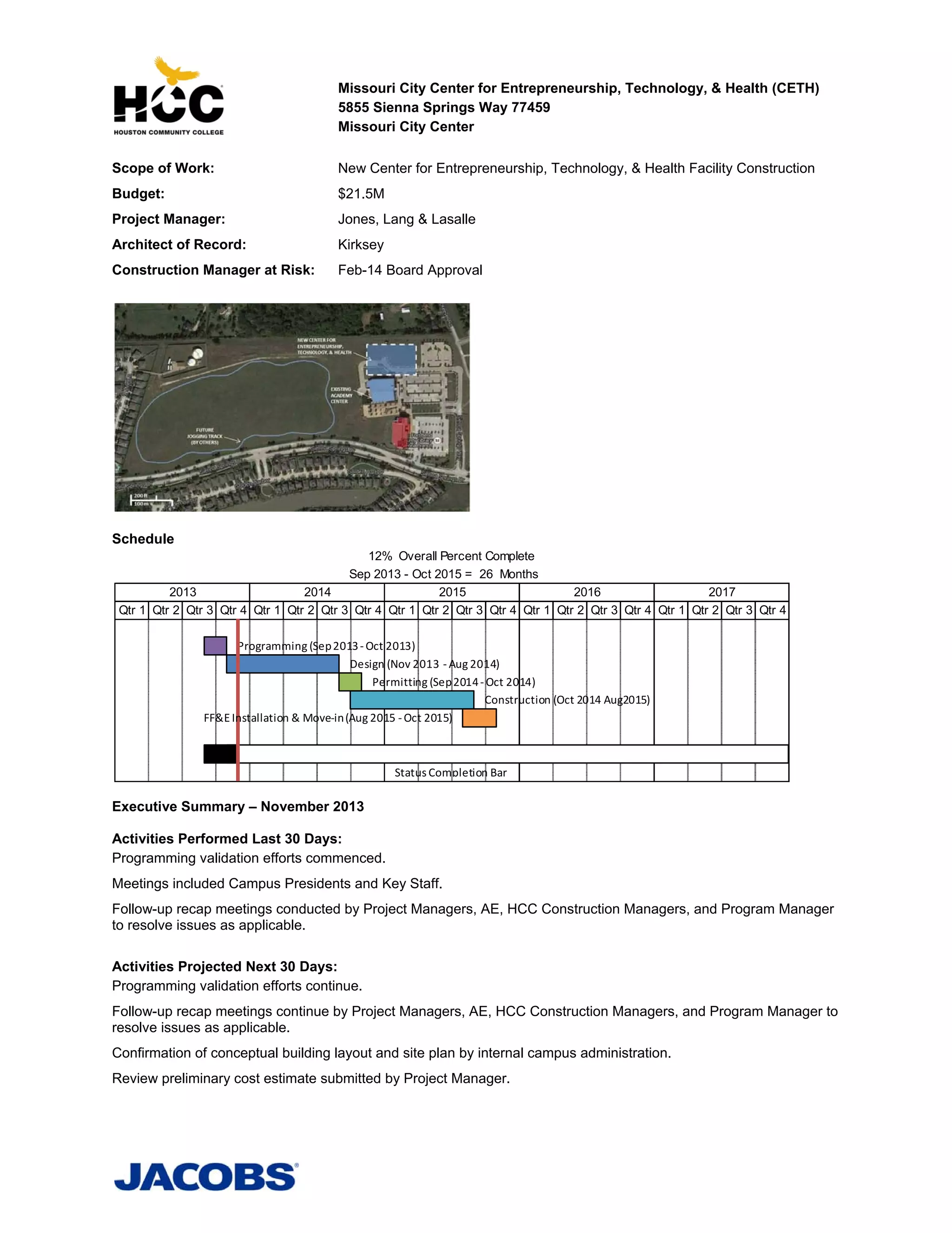 Missouri City Center for Entrepreneurship, Technology, & Health (CETH)
5855 Sienna Springs Way 77459
Missouri City Center
Scope of Work:

New Center for Entrepreneurship, Technology, & Health Facility Construction

Budget:

$21.5M

Project Manager:

Jones, Lang & Lasalle

Architect of Record:

Kirksey

Construction Manager at Risk:

Feb-14 Board Approval

Schedule
12% Overall Percent Complete
Sep 2013 - Oct 2015 = 26 Months
2013
2014
2015
2016
2017
Qtr 1 Qtr 2 Qtr 3 Qtr 4 Qtr 1 Qtr 2 Qtr 3 Qtr 4 Qtr 1 Qtr 2 Qtr 3 Qtr 4 Qtr 1 Qtr 2 Qtr 3 Qtr 4 Qtr 1 Qtr 2 Qtr 3 Qtr 4
Programming (Sep 2013 ‐ Oct 2013)
Design (Nov 2013  ‐ Aug 2014)
Permitting (Sep 2014 ‐ Oct 2014)
Construction (Oct 2014 Aug2015)
FF&E Installation & Move‐in (Aug 2015 ‐ Oct 2015)

Status Completion Bar 

Executive Summary – November 2013
Activities Performed Last 30 Days:
Programming validation efforts commenced.
Meetings included Campus Presidents and Key Staff.
Follow-up recap meetings conducted by Project Managers, AE, HCC Construction Managers, and Program Manager
to resolve issues as applicable.
Activities Projected Next 30 Days:
Programming validation efforts continue.
Follow-up recap meetings continue by Project Managers, AE, HCC Construction Managers, and Program Manager to
resolve issues as applicable.
Confirmation of conceptual building layout and site plan by internal campus administration.
Review preliminary cost estimate submitted by Project Manager.

 