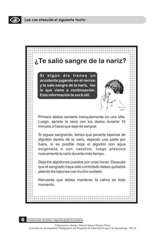 S i a l g ú n d í a t i e n e s u n
accidente jugando en el recreo
y te sale sangre de la nariz, lee
lo que viene a continuación.
Esta información te será útil.
Lee con atención el siguiente texto:
¿Te salió sangre de la nariz?
Primero debes sentarte tranquilamente en una silla.
Luego, aprieta la nariz con tus dedos durante 10
minutos o hasta que deje de sangrar.
Si sigues sangrando, tienes que ponerte tapones de
algodón dentro de la nariz, dejando una parte por
fuera, si es posible moja el algodón con agua
oxigenada o con vaselina, luego presiona
nuevamente la nariz durante más tiempo.
Deja los algodones puestos por unas horas. Después
que el sangrado haya sido controlado debes quitarlos
jalando los tapones con mucho cuidado.
Recuerda que debes mantener la calma en todo
momento.
6 Comprensión de textos: Segundo grado de primaria
Elaboración y diseño: Darwin Samuel Ramos Puma
Formador de Acompañante Pedagógicos del Programa de Educación Logros de Aprendizaje - PELA
 