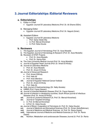 20 
3. Journal Editorialships /Editorial Reviewers 
a. Editorialships 
i. Editor in Chief 
 Egyptian Journal Of Laboratory Medicine (Prof. Dr. Ali Shams ElDin) 
ii. Managing Editor 
 Egyptian Journal Of Laboratory Medicine (Prof. Dr. Naguib Zohair) 
iii. Assistant Editors 
 Egyptian Journal Of Laboratory Medicine 
o Prof. Sahar Abdel Atty 
o A. Prof. Mervat Khorshied 
o A. Prof. Heba Gouda 
b. Reviewers 
i. The Egyptian Journal of Hematology Prof. Dr. Azza Mostafa 
ii. The Egyptian Journal of Hematology & Research (Prof. Dr. Azza Mostafa) 
iii. Reviewer of STDF Projects 
 Prof. Dr. Azza Mostafa 
 Prof. Dr. Samia Rizk 
iv. The Cairo University Medical Journal (Prof. Dr. Azza Mostafa) 
v. Journal of Egyptian Heart Journal (Prof. Dr. Amani El Kholy) 
vi. Journal of Laboratory Medicine 
 Prof. Dr. Azza Mostafa 
 Prof. Dr. Amani El Kholy 
vii. Journal of Advanced Research 
 Prof. Amani ElKholy 
 Prof. Hala Ali 
 Prof. Iman Mandour 
viii. Journal of Egyptian National Cancer Institute 
 Prof. Dr. Amani El Kholy 
 Prof. Hala Ali 
ix. Arab Journal of Gastroenterology (Dr. Nelly Abulata) 
x. IJMMS (Prof. Fayza Hassan) 
xi. Journal of Inherited Metabolic Disease (Prof. Dr. Fayza Hassan) 
xii. Journal of Infection in developing countries, South African journal of infectious diseases (Prof. Dr. Amani El Kholy) 
xiii. Journal of Leukemia Research (A. Prof. Dr. Mervat Khorshied) 
xiv. Journal of Targeted Oncology 
 A. Prof. Dr.Mervat Khorshied 
 A.Prof. Dr. Heba Gouda 
xv. Journal of Blood, Coagulation & Fibrinolysis (A. Prof. Dr. Heba Gouda) 
xvi. Journal of Medicine and Biomedical Sciences (Prof. Dr. Eiman AbdulRahman) 
xvii. Journal of Medicine and Medical Sciences (A. Prof. Dr. Rania Zayed) 
xviii. International Journal of Medicine and Medical Sciences (A. Prof. Dr. Rania Zayed) 
xix. Nutrition, Metabolism and cardiovascular Diseases Journal (A. Prof. Dr. Rania  