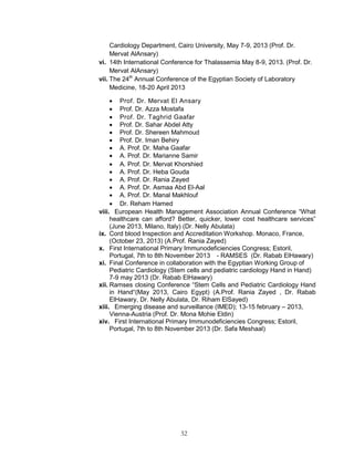 32 
Cardiology Department, Cairo University, May 7-9, 2013 (Prof. Dr. Mervat AlAnsary) 
vi. 14th International Conference for Thalassemia May 8-9, 2013. (Prof. Dr. Mervat AlAnsary) 
vii. The 24th Annual Conference of the Egyptian Society of Laboratory Medicine, 18-20 April 2013 
 Prof. Dr. Mervat El Ansary 
 Prof. Dr. Azza Mostafa 
 Prof. Dr. Taghrid Gaafar 
 Prof. Dr. Sahar Abdel Atty 
 Prof. Dr. Shereen Mahmoud 
 Prof. Dr. Iman Behiry 
 A. Prof. Dr. Maha Gaafar 
 A. Prof. Dr. Marianne Samir 
 A. Prof. Dr. Mervat Khorshied 
 A. Prof. Dr. Heba Gouda 
 A. Prof. Dr. Rania Zayed 
 A. Prof. Dr. Asmaa Abd El-Aal 
 A. Prof. Dr. Manal Makhlouf 
 Dr. Reham Hamed 
viii. European Health Management Association Annual Conference “What healthcare can afford? Better, quicker, lower cost healthcare services” (June 2013, Milano, Italy) (Dr. Nelly Abulata) 
ix. Cord blood Inspection and Accreditation Workshop. Monaco, France, (October 23, 2013) (A.Prof. Rania Zayed) 
x. First International Primary Immunodeficiencies Congress; Estoril, Portugal, 7th to 8th November 2013 - RAMSES (Dr. Rabab ElHawary) 
xi. Final Conference in collaboration with the Egyptian Working Group of Pediatric Cardiology (Stem cells and pediatric cardiology Hand in Hand) 7-9 may 2013 (Dr. Rabab ElHawary) 
xii. Ramses closing Conference “Stem Cells and Pediatric Cardiology Hand in Hand“(May 2013, Cairo Egypt) (A.Prof. Rania Zayed , Dr. Rabab ElHawary, Dr. Nelly Abulata, Dr. Riham ElSayed) 
xiii. Emerging disease and surveillance (IMED); 13-15 february – 2013, Vienna-Austria (Prof. Dr. Mona Mohie Eldin) 
xiv. First International Primary Immunodeficiencies Congress; Estoril, Portugal, 7th to 8th November 2013 (Dr. Safa Meshaal) 
 