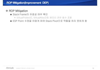 ROPMitigation(Improvement DEP)ROPMitigation(Improvement DEP)
 ROP Mitigation
 Stack Frame의 유효성 여부 확인
 VirtualProtect(), VirtualAlloc()등 메모리 관련 함수 포함
 ESP Point 수정을 어렵게 하여 Stack Pivot으로 역할을 하지 못하게 함
12
 