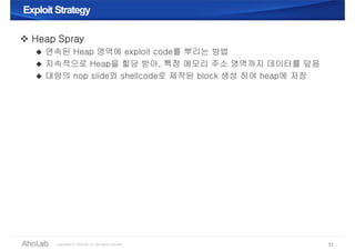 Exploit StrategyExploit Strategy
33
 Heap Spray
 연속된 Heap 영역에 exploit code를 뿌리는 방법
 지속적으로 Heap을 할당 받아, 특정 메모리 주소 영역까지 데이터를 덮음
 대량의 nop slide와 shellcode로 제작된 block 생성 하여 heap에 저장
 