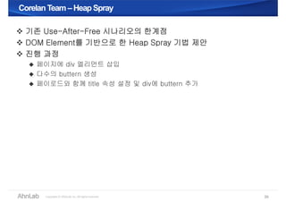 Corelan Team –Heap SprayCorelan Team –Heap Spray
39
 기존 Use-After-Free 시나리오의 한계점
 DOM Element를 기반으로 한 Heap Spray 기법 제안
 진행 과정
 페이지에 div 엘리먼트 삽입
 다수의 buttern 생성
 페이로드와 함께 title 속성 설정 및 div에 buttern 추가
 