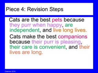 Coleman’s Classroom www.clmn.net
Piece 4: Revision Steps
Cats are the best pets because
they purr when happy, are
independent, and live long lives.
Cats make the best companions
because their purr is pleasing,
their care is convenient, and
their lives are long.
 