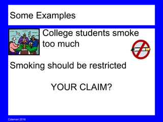 Coleman’s Classroom www.clmn.net
Thesis Pieces Review
1. Make Claim
2. Give Reasons
3. Combine Parts
4. Revise Language
5. (optional) Give Alternatives
 