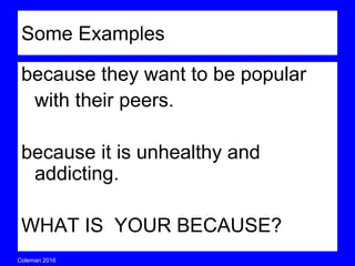 Coleman’s Classroom www.clmn.net
Question (1)
Which of the five Thesis Pieces
could you remove and still have
a good thesis?
 