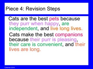 Coleman’s Classroom www.clmn.net
Piece 4: Revision Steps
Cats are the best pets because
they purr when happy, are
independ...
