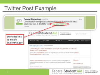 Twitter Post Example

Shortened link
to info on
StudentAid.gov

19

 