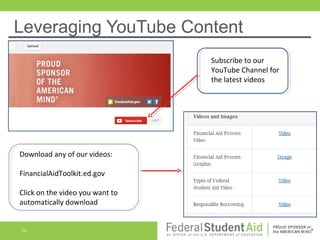 Leveraging YouTube Content
Subscribe to our
YouTube Channel for
the latest videos

Download any of our videos:
FinancialAidToolkit.ed.gov
Click on the video you want to
automatically download

29

 