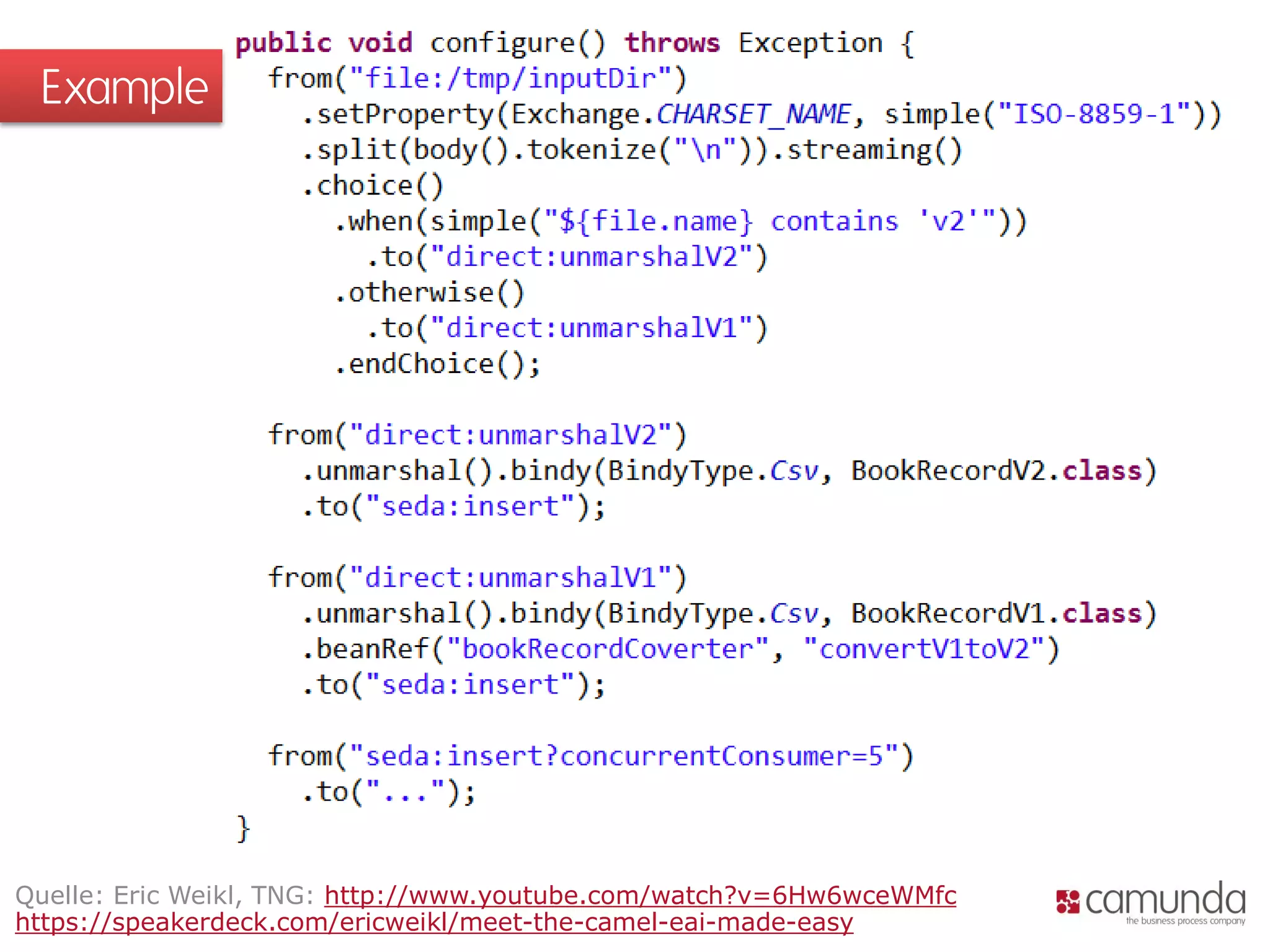 Example
Quelle: Eric Weikl, TNG: http://www.youtube.com/watch?v=6Hw6wceWMfc
https://speakerdeck.com/ericweikl/meet-the-camel-eai-made-easy