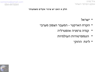 semema@gmail.com
054-4415591
‫מורג‬ ‫איל‬
‫השחור‬ ‫הפרפר‬ ‫אפקט‬
‫משמעותי‬ ‫אקלים‬ ‫שינוי‬ ‫יש‬ ‫האם‬ ‫א‬ ‫חלק‬

‫ישראל‬

‫מערבי‬ ‫הצפון‬ ‫המעבר‬ - ‫הארקטי‬ ‫הקרח‬

‫אוסטרליה‬ ‫גרמניה‬ ‫קנדה‬

‫העולמיות‬ ‫הטמפרטורות‬

‫ההוקי‬ ‫ליגת‬
 